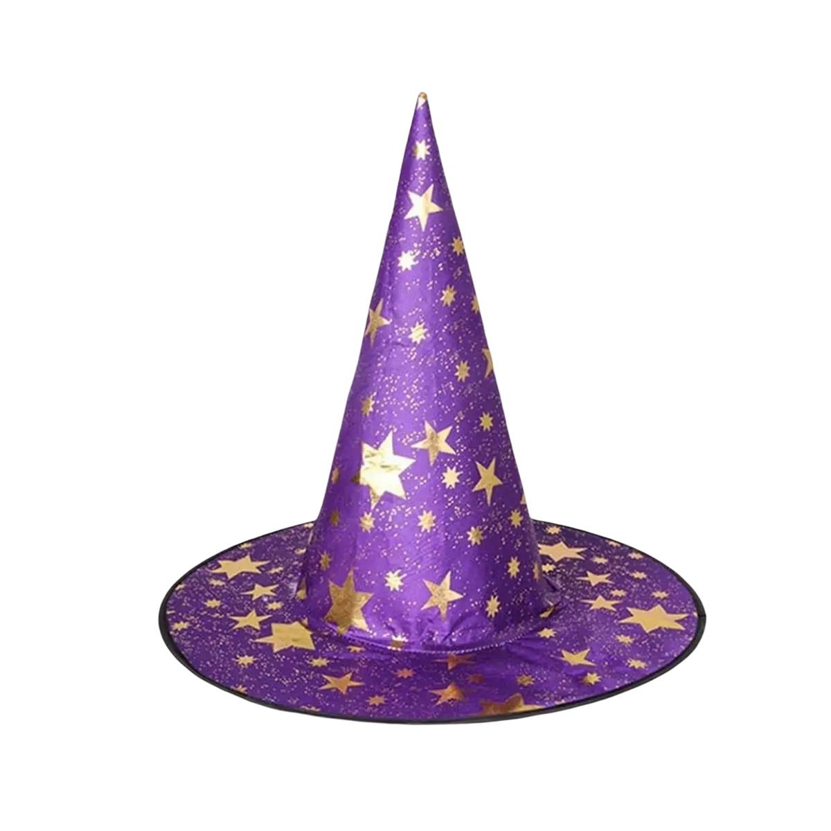 Purple halloween hat with gold star patterns and glittery finish as a halloween hat decoration prop for wizard costumes