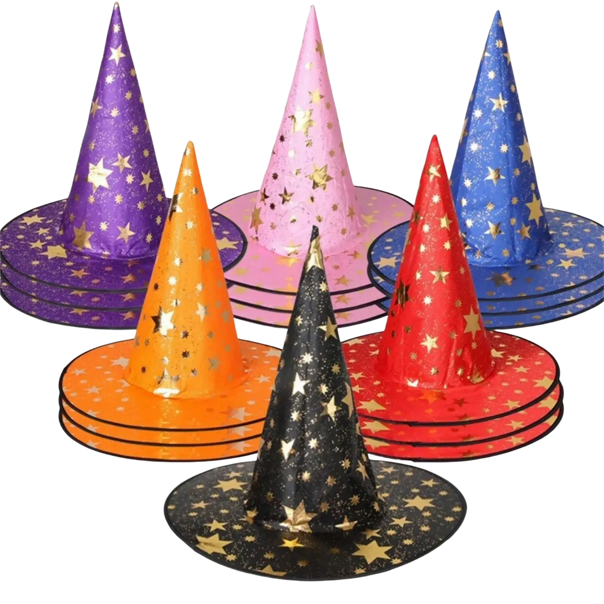 A set of colorful halloween hat decoration props with star patterns in purple pink blue orange red and black with gold glitter stars