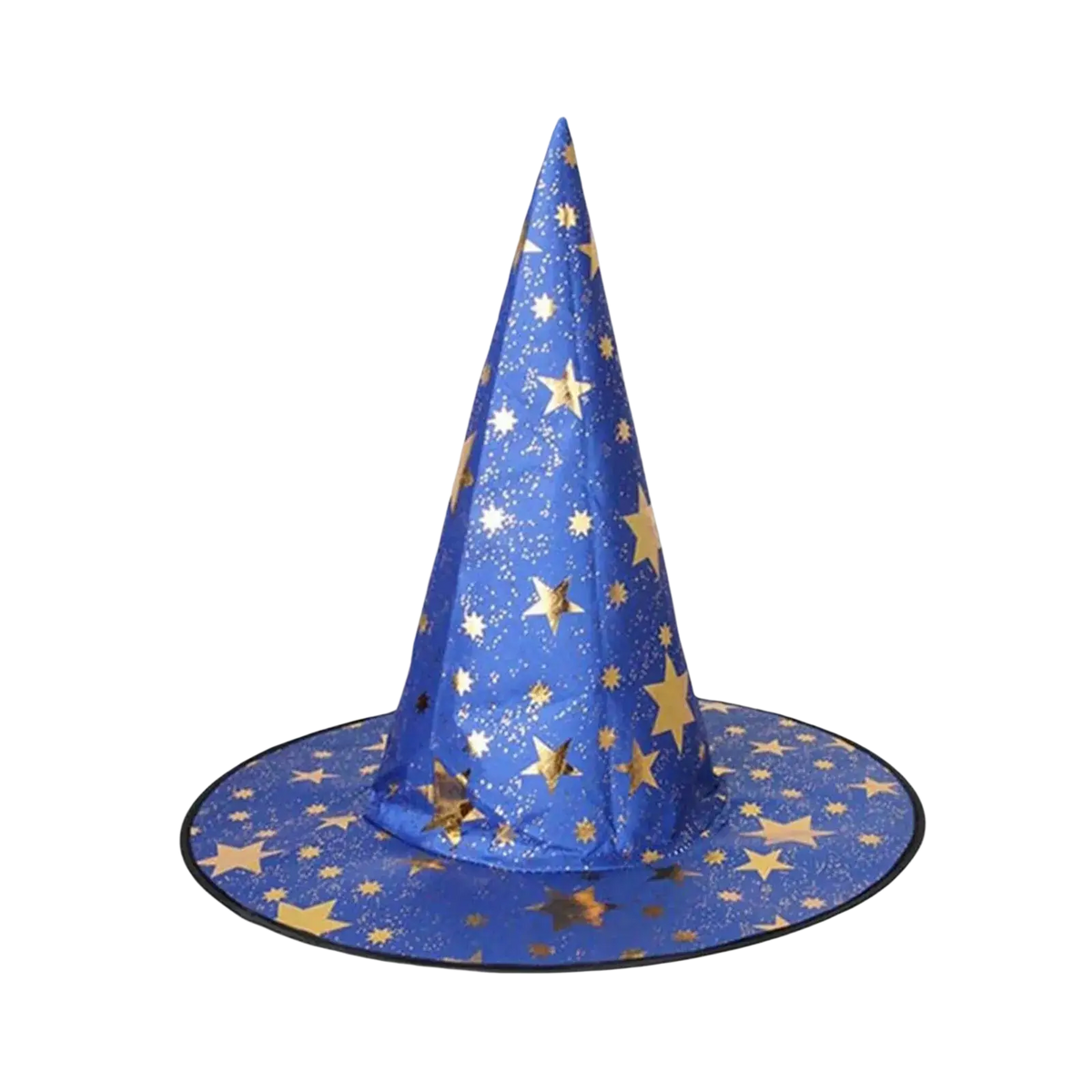 A vibrant blue halloween hat with shimmering gold stars and a black rim perfect as halloween hat decoration props