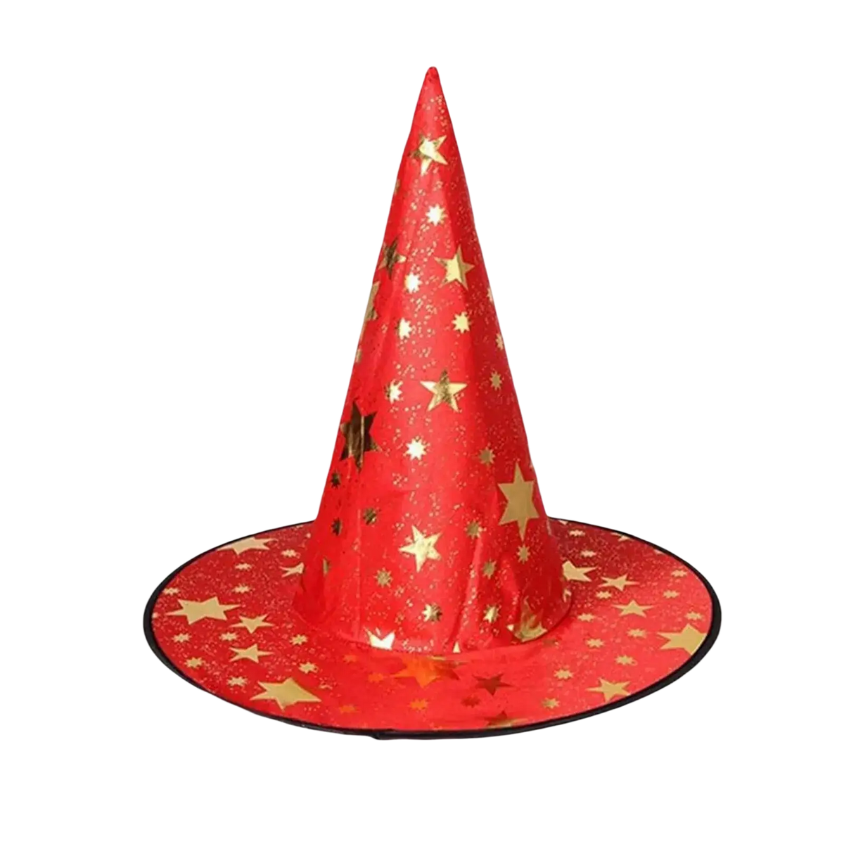 A vibrant red halloween hat with shimmering gold stars and black trim, perfect as halloween hat decoration props