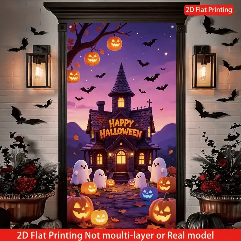 Halloween haunted house door decal with glowing orange pumpkins bats and friendly ghosts under a purple twilight sky