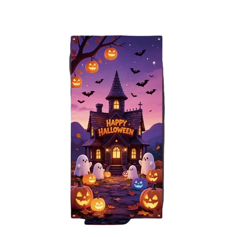Halloween haunted house door decal with glowing orange pumpkins, flying black bats, and white friendly ghosts at twilight