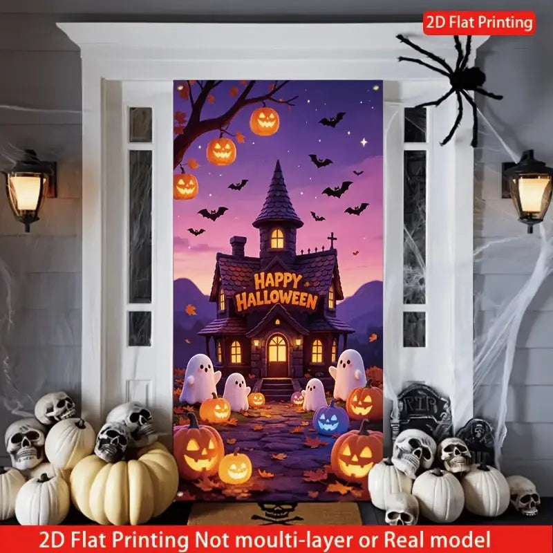 Halloween haunted house door decal featuring glowing orange pumpkins bats and ghostly figures against purple sky