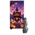 Halloween haunted house door decal with bats and pumpkins featuring a vibrant spooky mansion with glowing windows and jack o lanterns