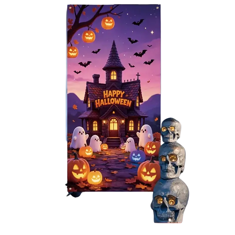 Halloween haunted house door decal with bats and pumpkins featuring a vibrant spooky mansion with glowing windows and jack o lanterns