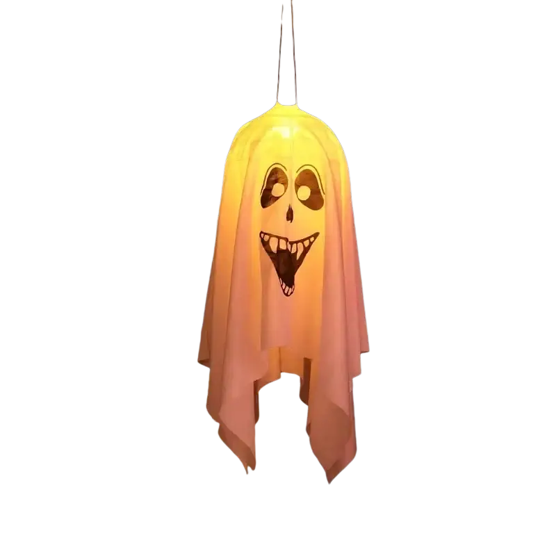 A glowing pink halloween led ghost made of lightweight fabric with a smiling face in a ghost lantern hanging decoration
