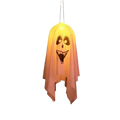 A glowing pink halloween led ghost made of lightweight fabric with a smiling face in a ghost lantern hanging decoration