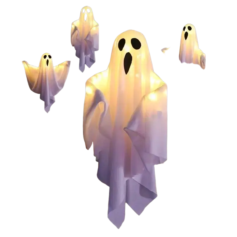A glowing white inflatable halloween led ghost lantern with black eye and mouth cutouts hanging outdoors