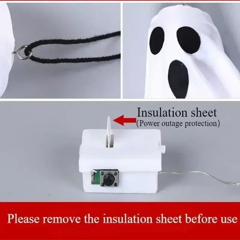 White halloween led ghost lantern hanging decoration made of lightweight fabric with black eye and mouth cutouts