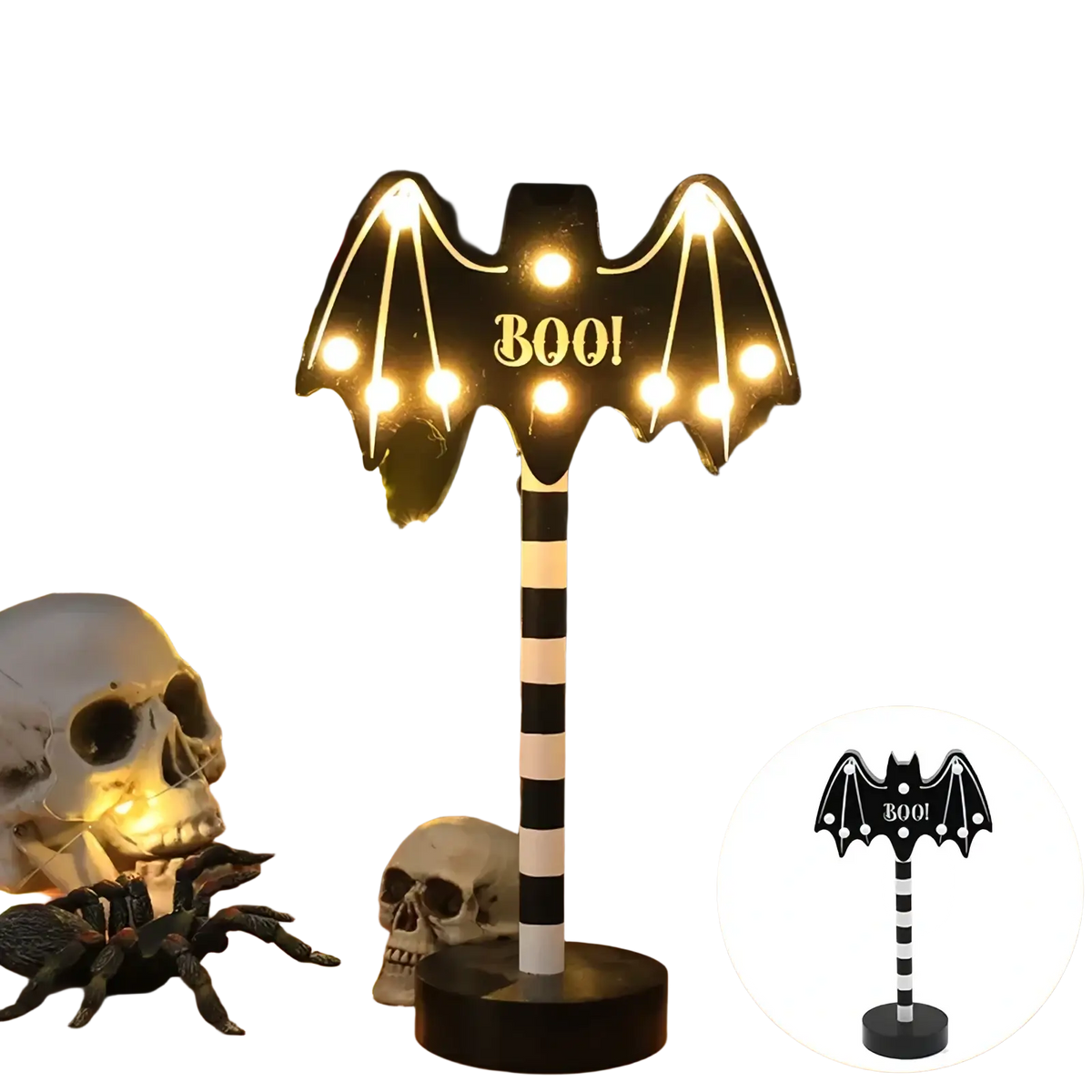 Black bat-shaped halloween led night light with glowing white lights and boo text on black-and-white striped pole