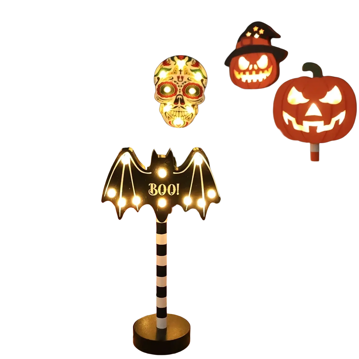 Black and white striped bat-shaped led night light with glowing wings and illuminated boo for halloween decor