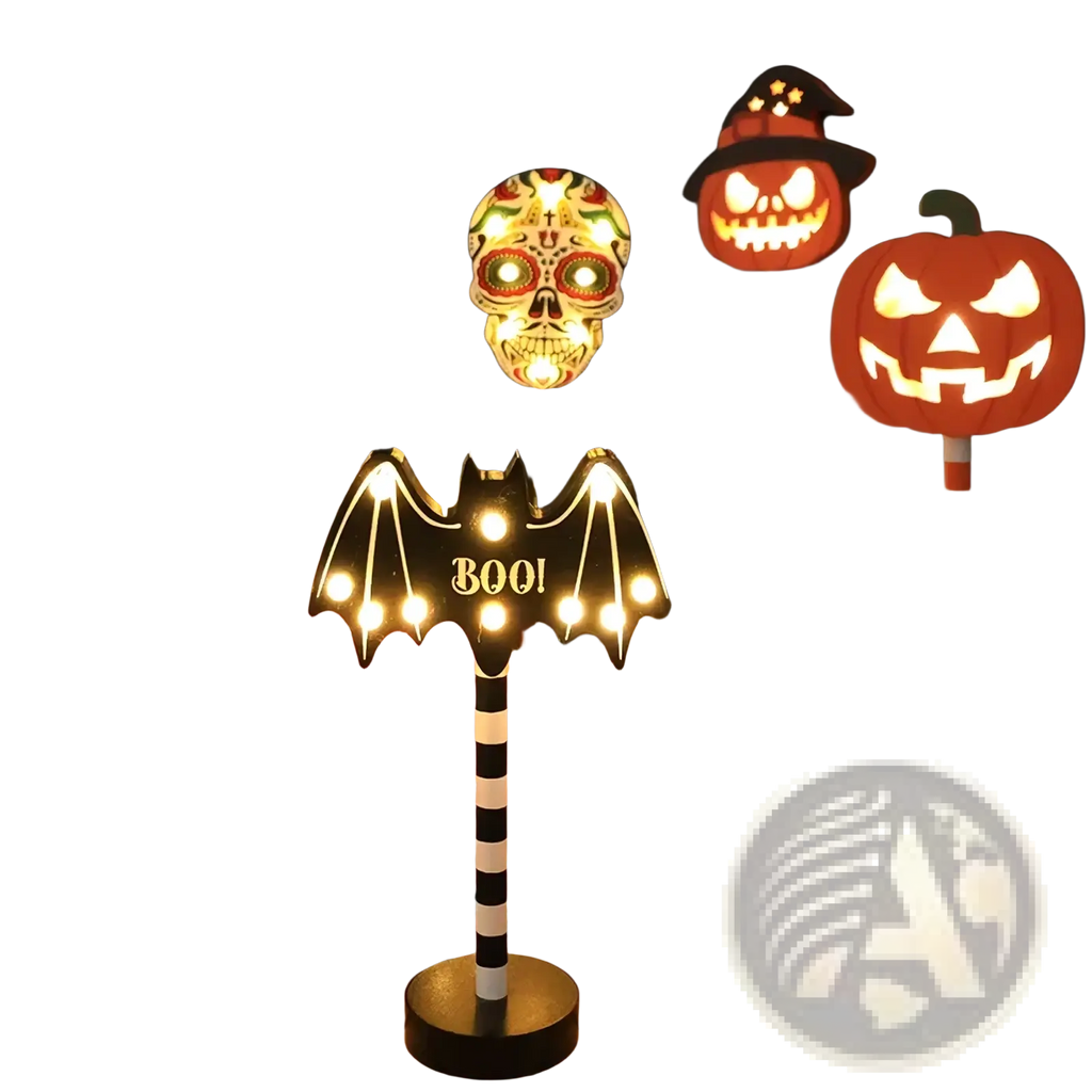 Black and white striped bat-shaped led night light with glowing wings and illuminated boo for halloween decor