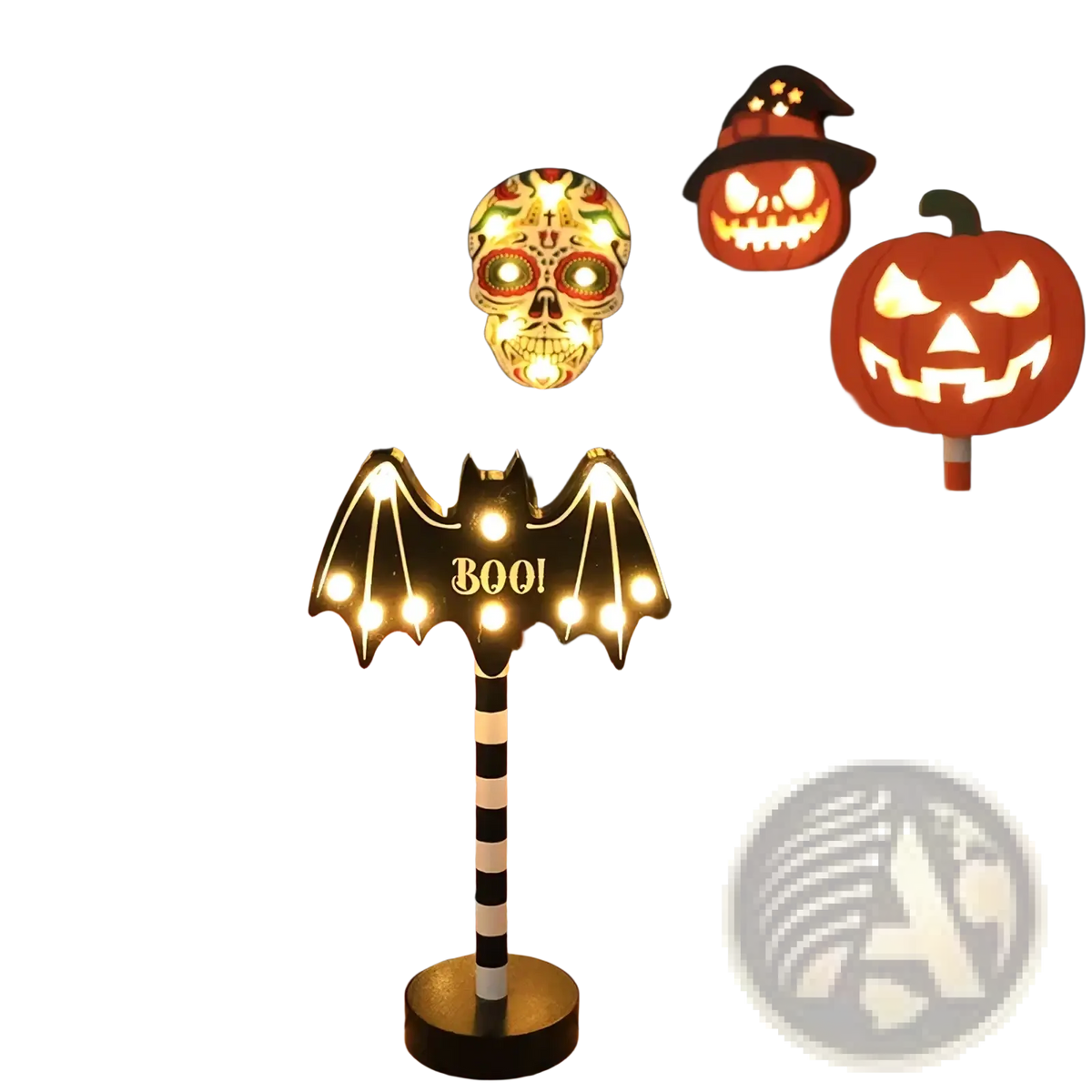 Black and white striped bat-shaped led night light with glowing wings and illuminated boo for halloween decor