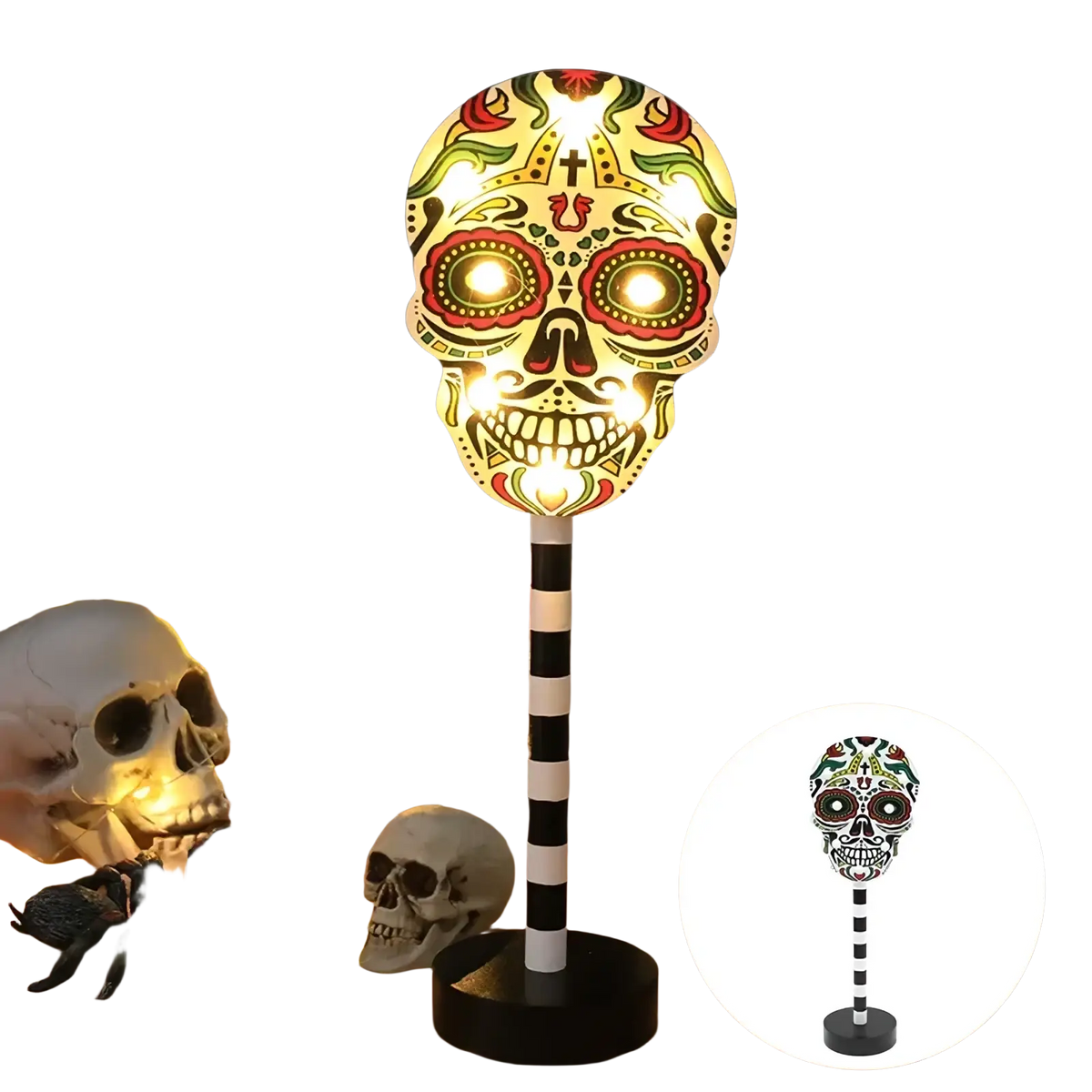 Halloween led night light waterproof decor featuring a vibrant decorative sugar skull lamp with intricate floral and cross designs illuminated by warm lights