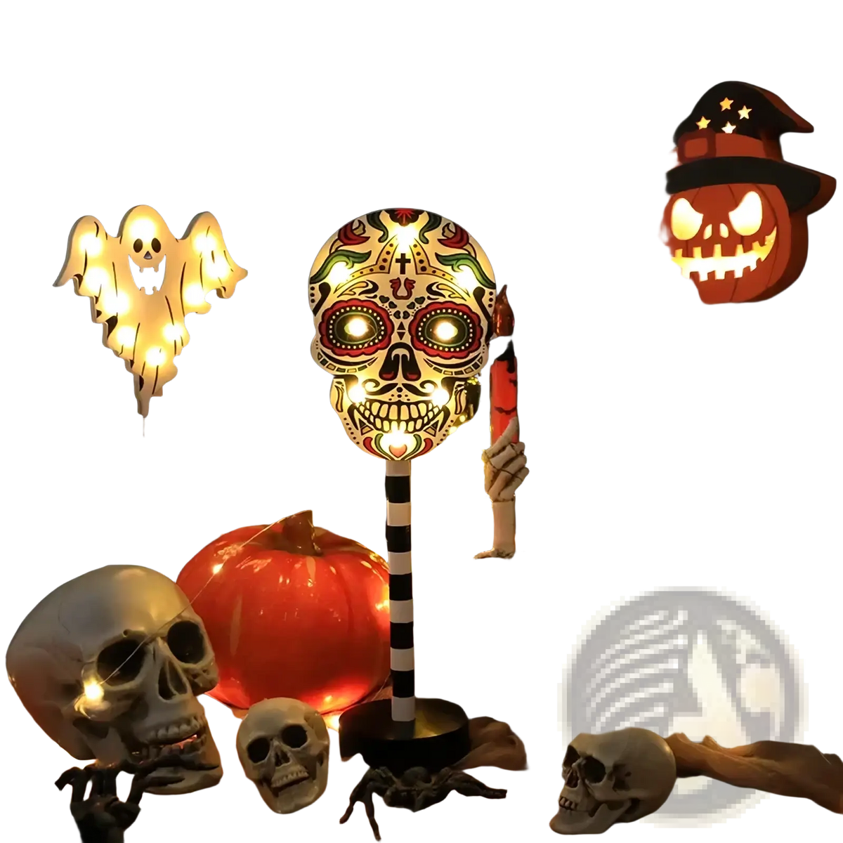 Halloween led night light waterproof decor featuring a glowing intricately painted sugar skull with illuminated eyes and heart mouth