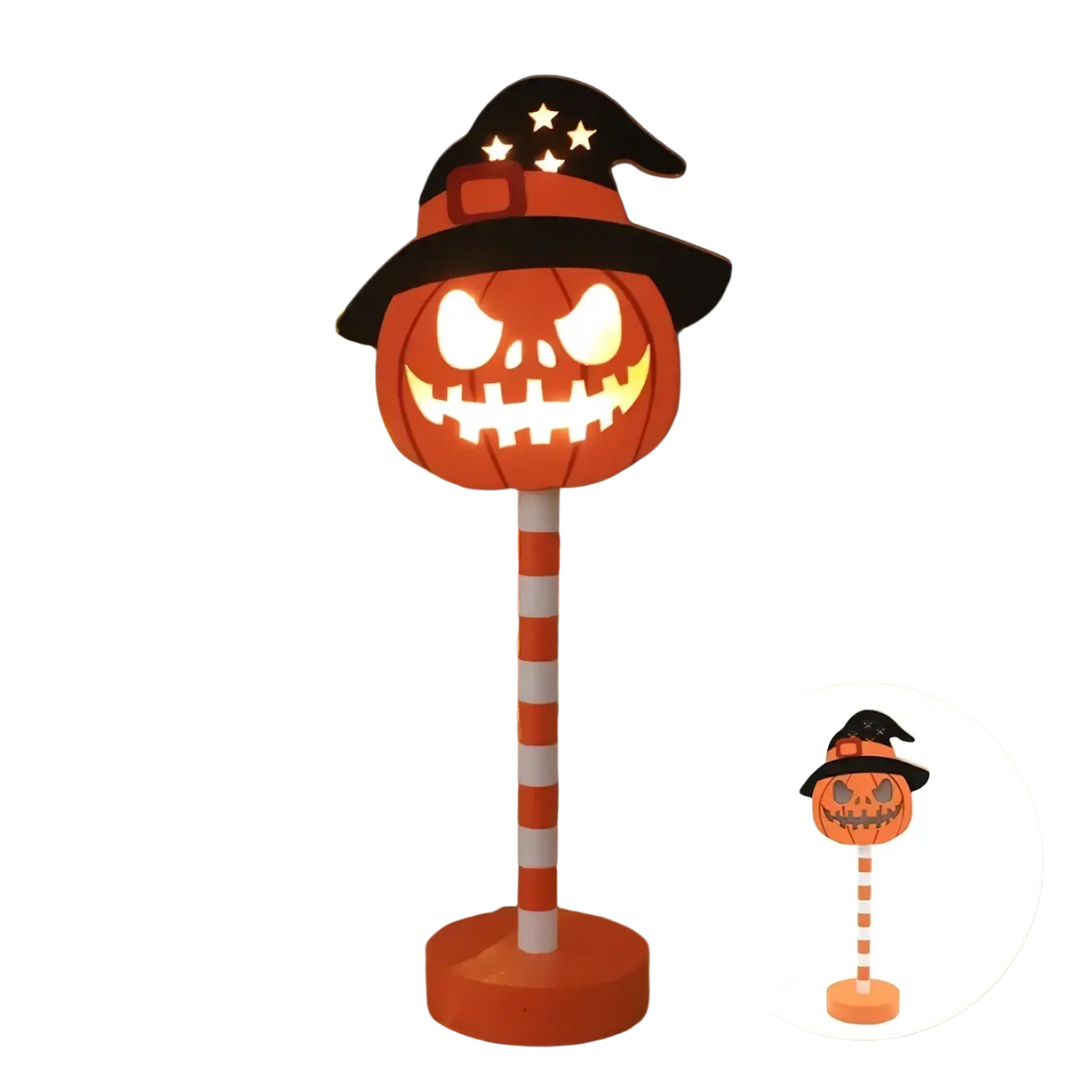 Orange pumpkin-shaped Halloween LED night light with black witch hat on orange and white striped pole for decor