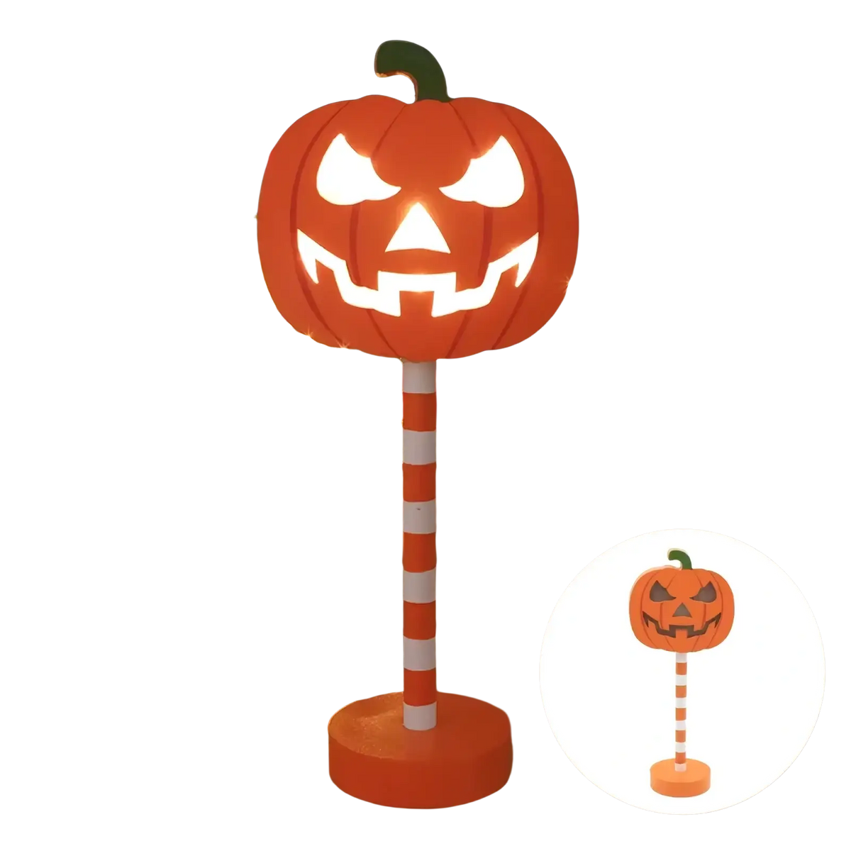 Orange pumpkin-shaped LED night light with striped pole and green stem for waterproof Halloween decor
