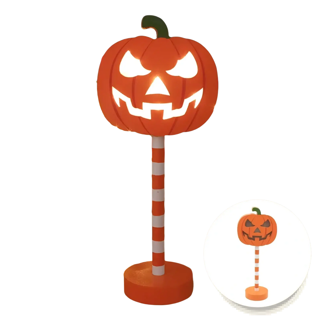 Orange pumpkin-shaped led night light with striped pole and green stem for halloween waterproof decor