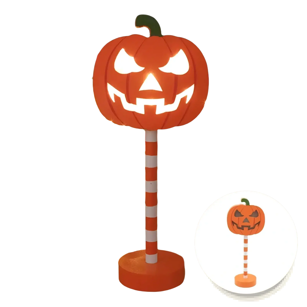 Orange pumpkin-shaped led night light with striped pole and green stem for halloween waterproof decor