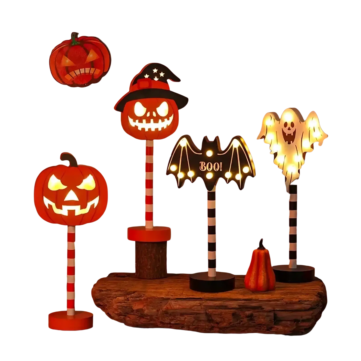 Halloween led night light set featuring glowing orange jack o lanterns, a ghost, and a bat with boo for waterproof decor