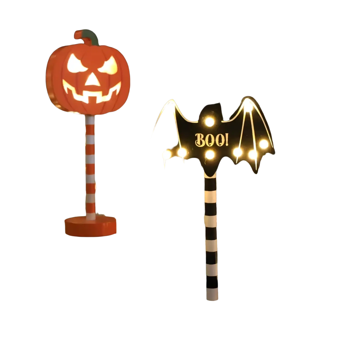 Halloween led night light waterproof decor featuring a glowing bat with warm yellow lights on a black and white pole