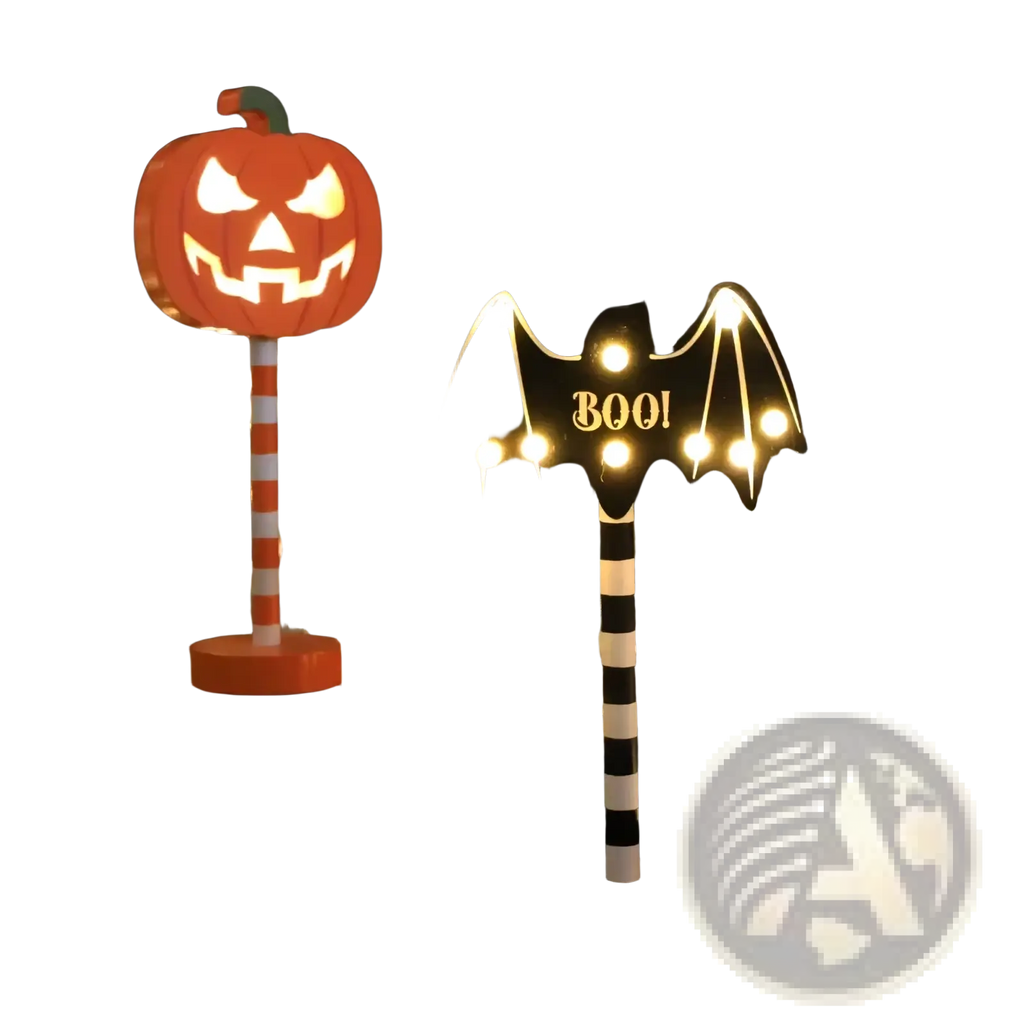 Halloween led night light waterproof decor featuring a glowing bat with warm yellow lights on a black and white pole
