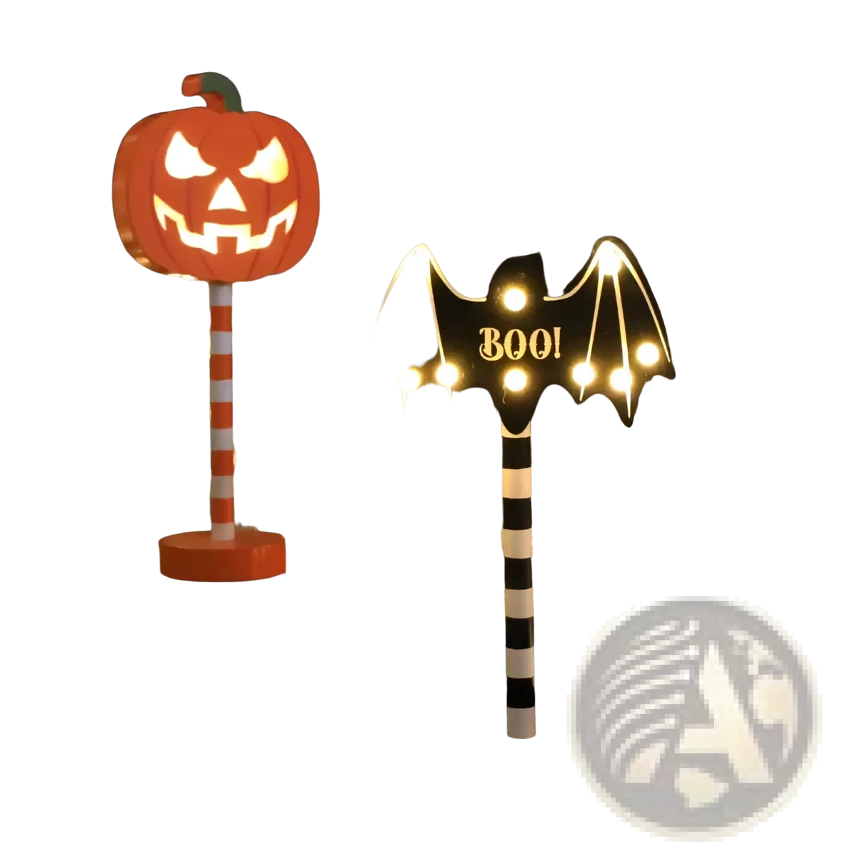 Halloween led night light waterproof decor featuring a glowing bat with warm yellow lights on a black and white pole