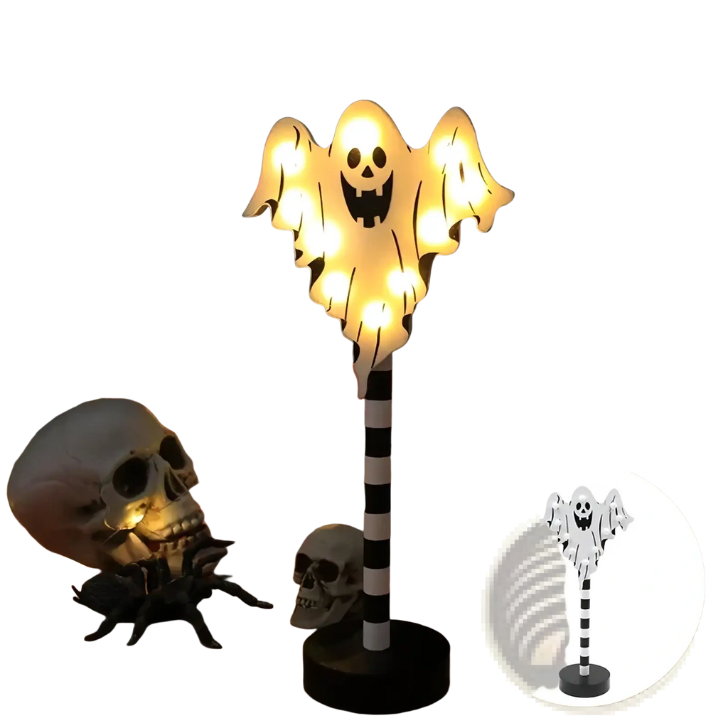 A glowing white ghost-shaped halloween led night light with a black and white striped pole for waterproof decor