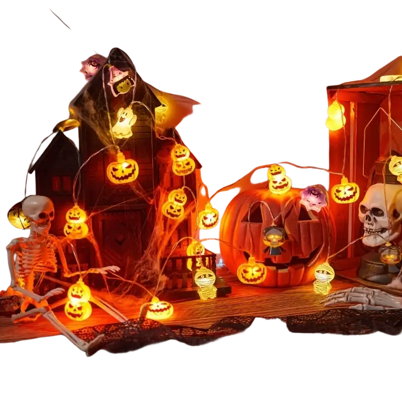 Halloween led string lights featuring glowing orange pumpkin-shaped bulbs for festive ghost-themed decor
