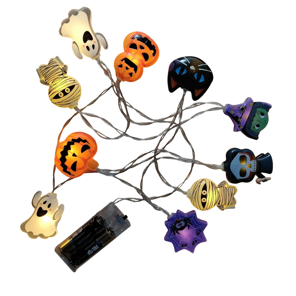 Halloween led string lights featuring illuminated ghost pumpkin mummy cat witch skull and spider designs in assorted colors