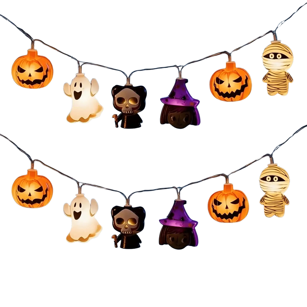 Halloween led string lights featuring glowing orange pumpkins white ghosts black skulls purple witch hats and mummies