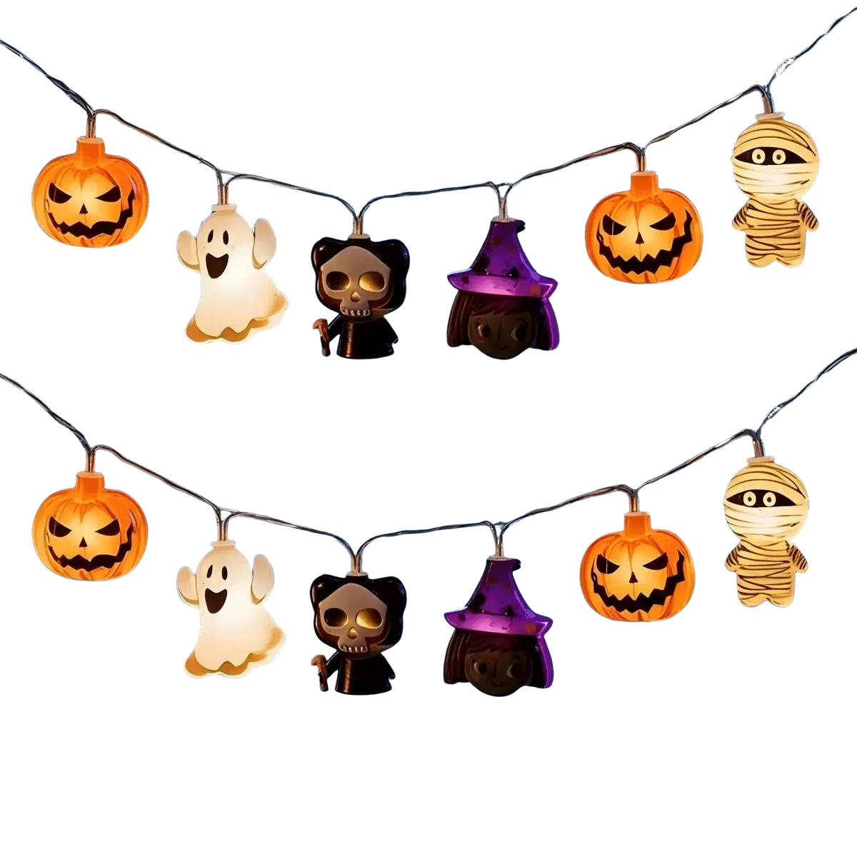 Halloween led string lights featuring glowing orange pumpkins white ghosts black skulls purple witch hats and mummies