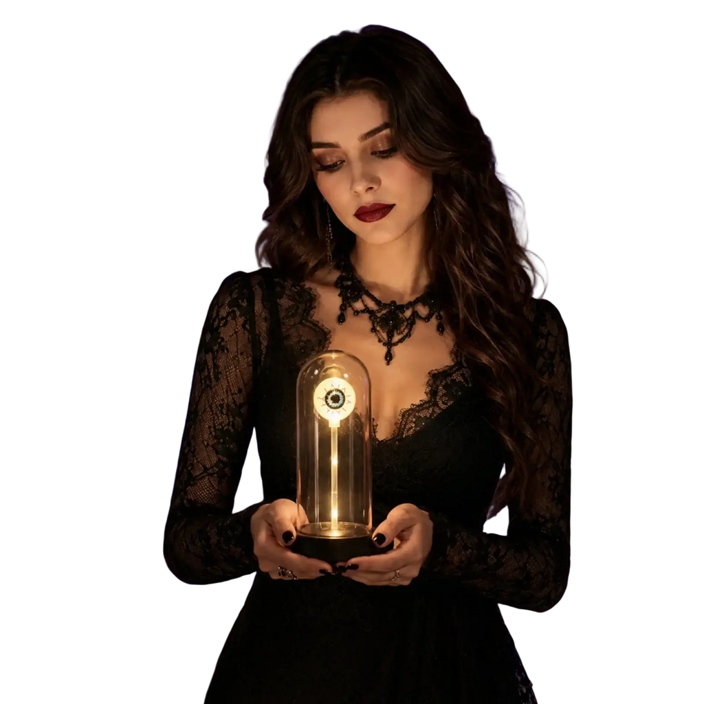 Black lace dress with long sleeves and plunging neckline paired with halloween lights decorations glass dome eye lamp