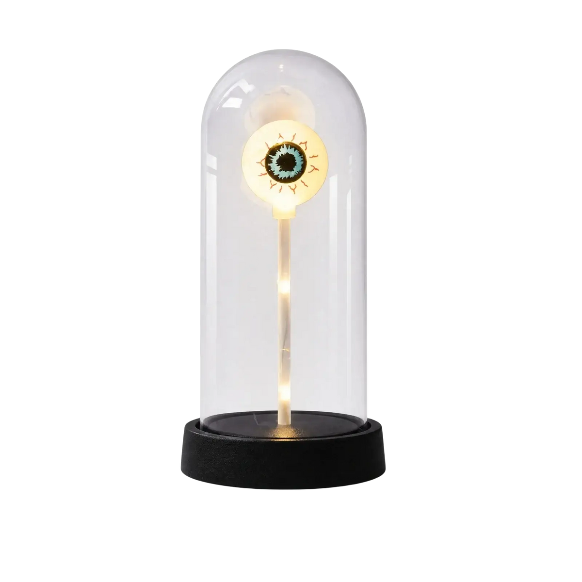 A glowing eye-shaped led lamp in a clear glass dome with black base for halloween lights decorations
