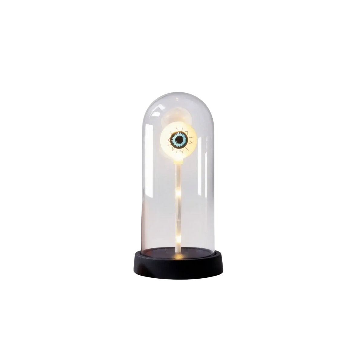 A halloween lights decorations glass dome eye lamp featuring a glowing teal iris eye in clear glass on a black base