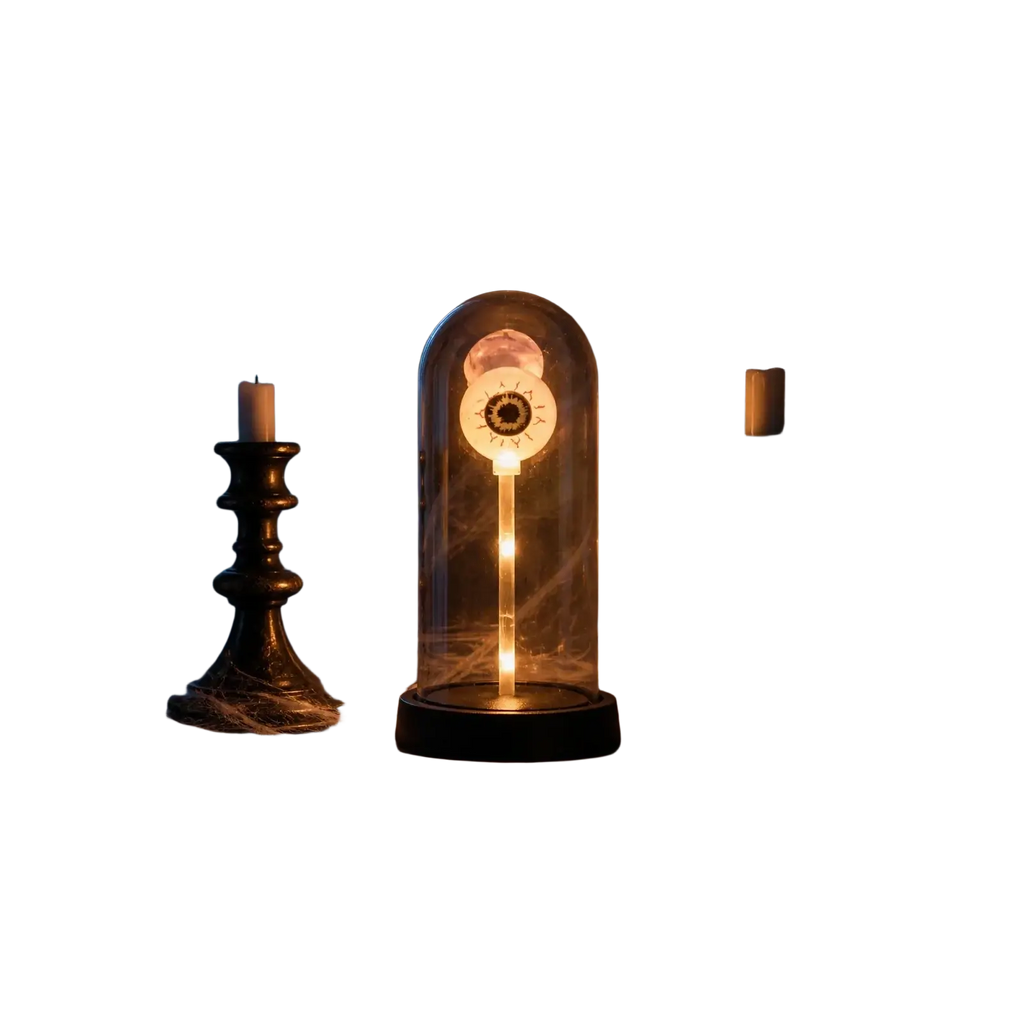 A glowing eye-shaped halloween lights decorations lamp with warm light inside a clear glass dome on black base