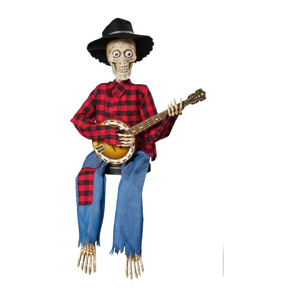 A halloween luminous skeleton decoration seated holding a banjo dressed in red plaid shirt and blue jeans