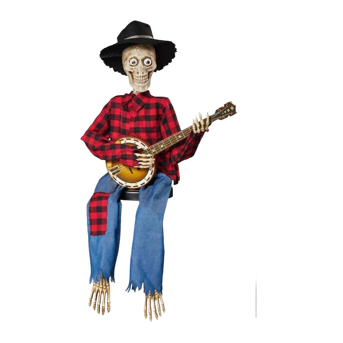 A halloween luminous skeleton decoration seated holding a banjo dressed in red plaid shirt and blue jeans