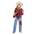 Halloween luminous skeleton scarecrow figure with white skull face red glowing eyes and banjo in plaid shirt and jeans