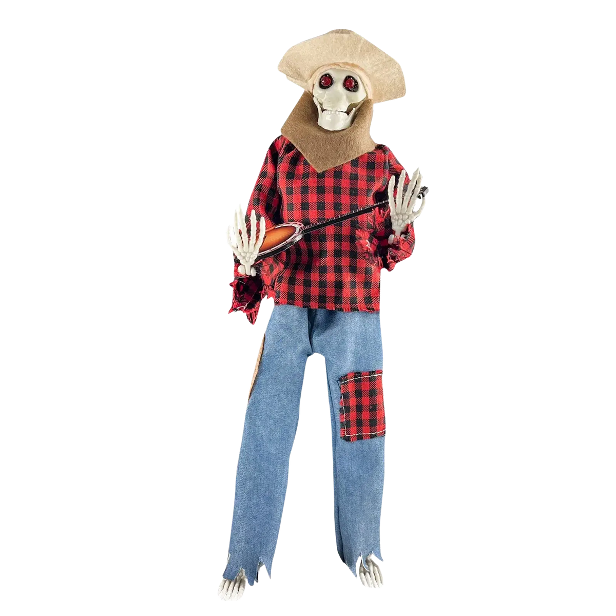 Halloween luminous skeleton scarecrow figure with white skull face red glowing eyes and banjo in plaid shirt and jeans