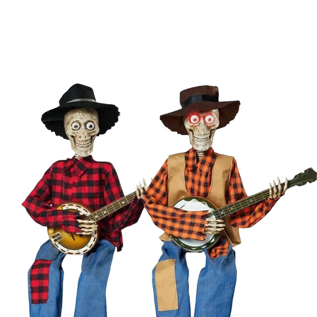 Two halloween luminous skeleton figures dressed in plaid shirts and cowboy hats playing banjos in patchwork denim