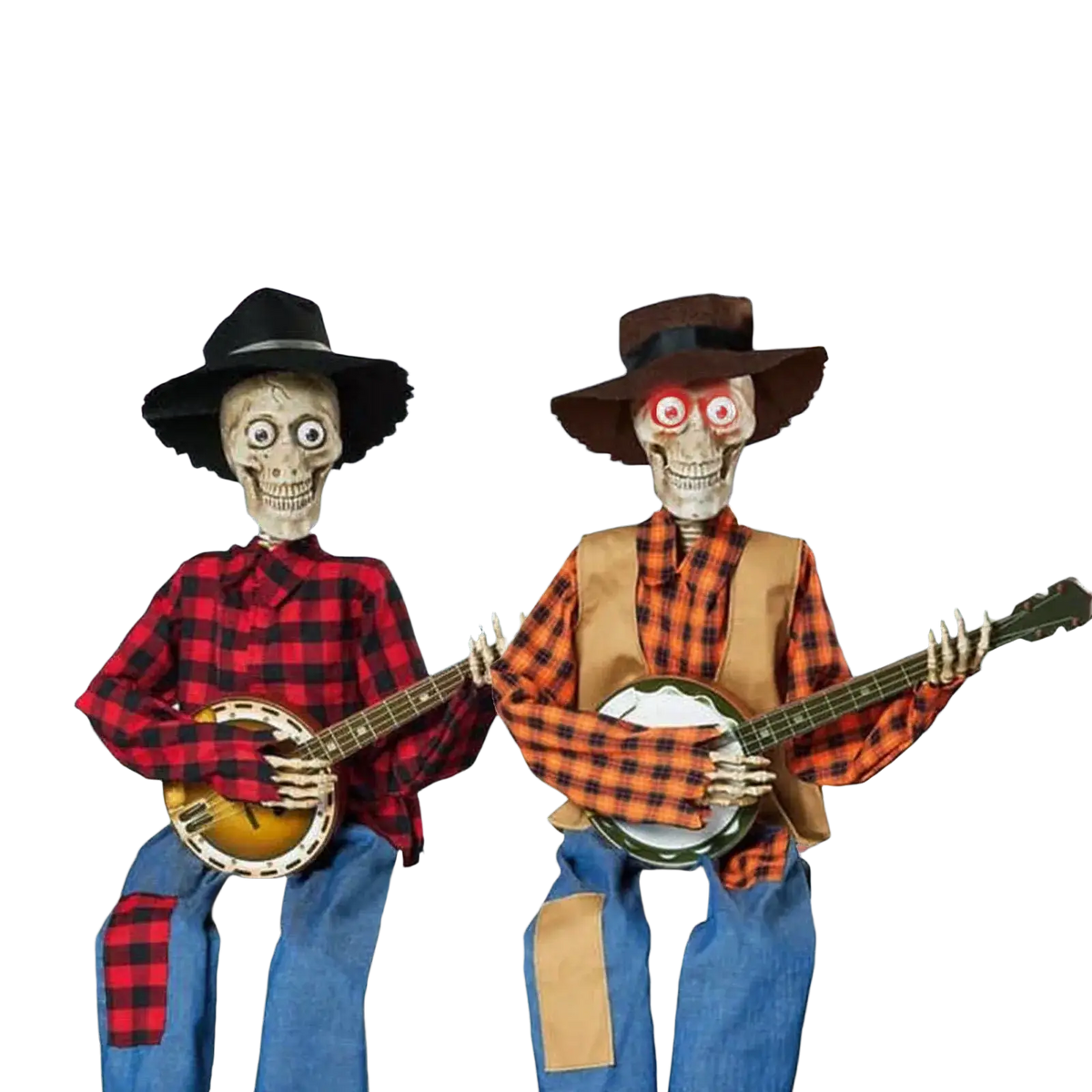 Two halloween luminous skeleton figures dressed in plaid shirts and cowboy hats playing banjos in patchwork denim