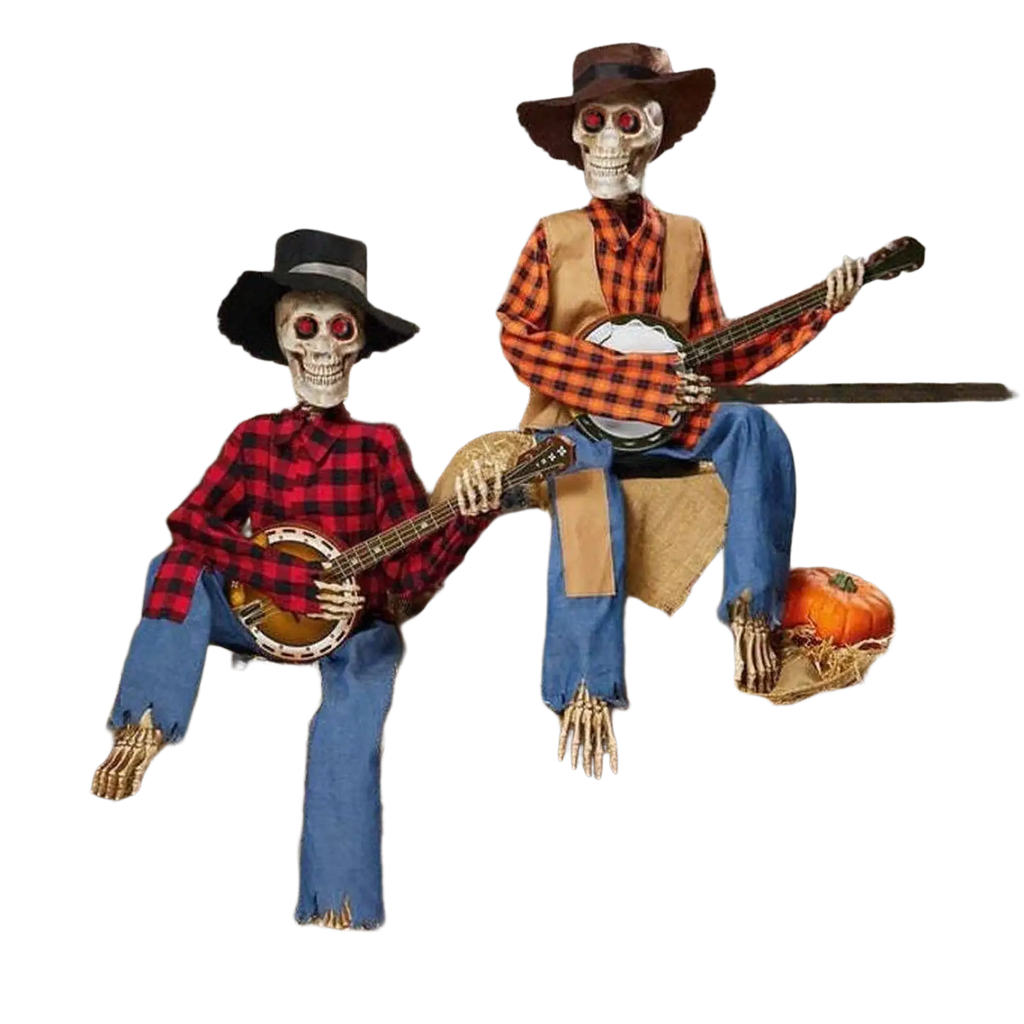 Two skeleton figures in plaid shirts and cowboy hats playing banjo and guitar for halloween luminous skeleton decoration