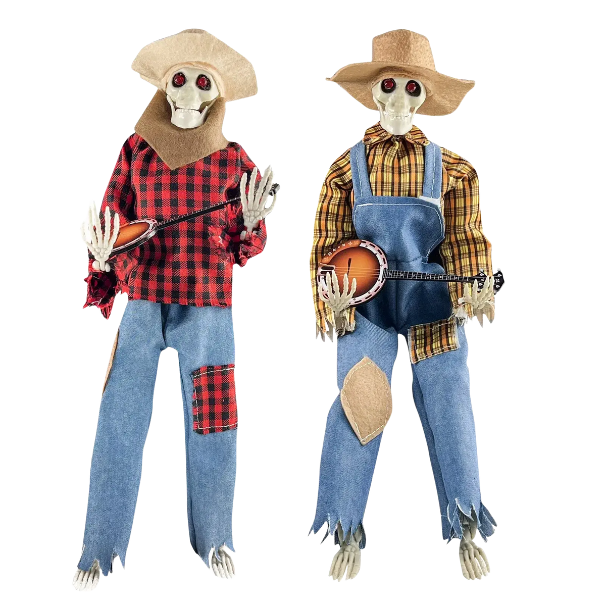 Two halloween luminous skeleton scarecrow figurines in plaid shirts and denim overalls for skeleton decoration