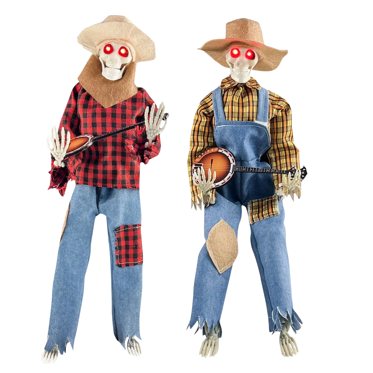 Two halloween luminous skeleton banjo player decorations with glowing red eyes wearing straw hats and plaid clothing