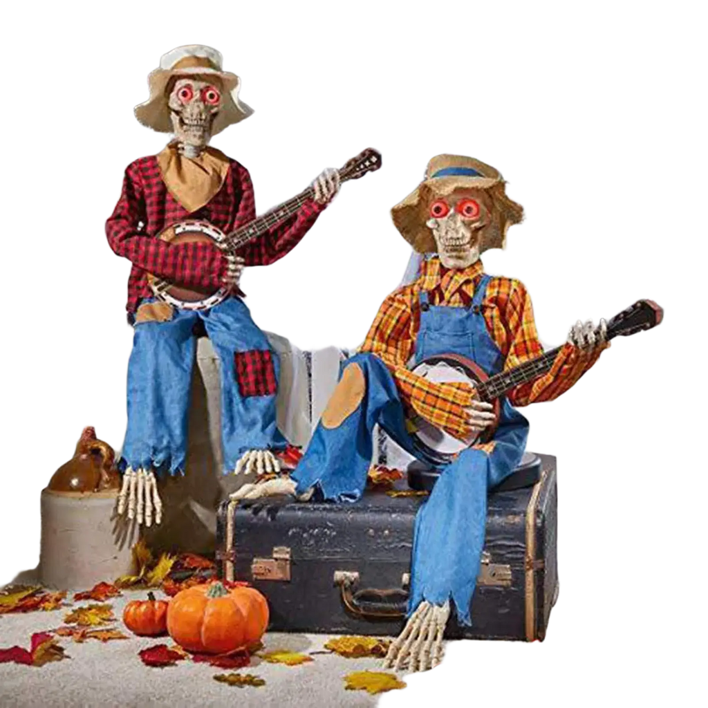 Two halloween luminous skeleton banjo player decorations with red glowing eyes dressed in rustic farmer outfits