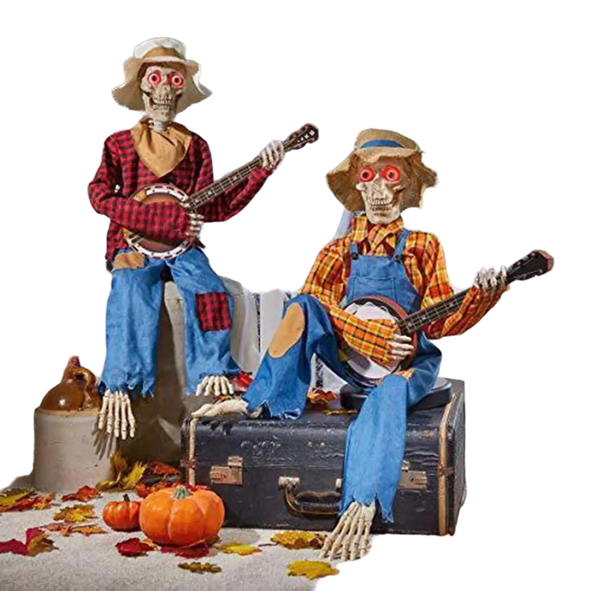 Two halloween luminous skeleton banjo player decorations with red glowing eyes dressed in rustic farmer outfits