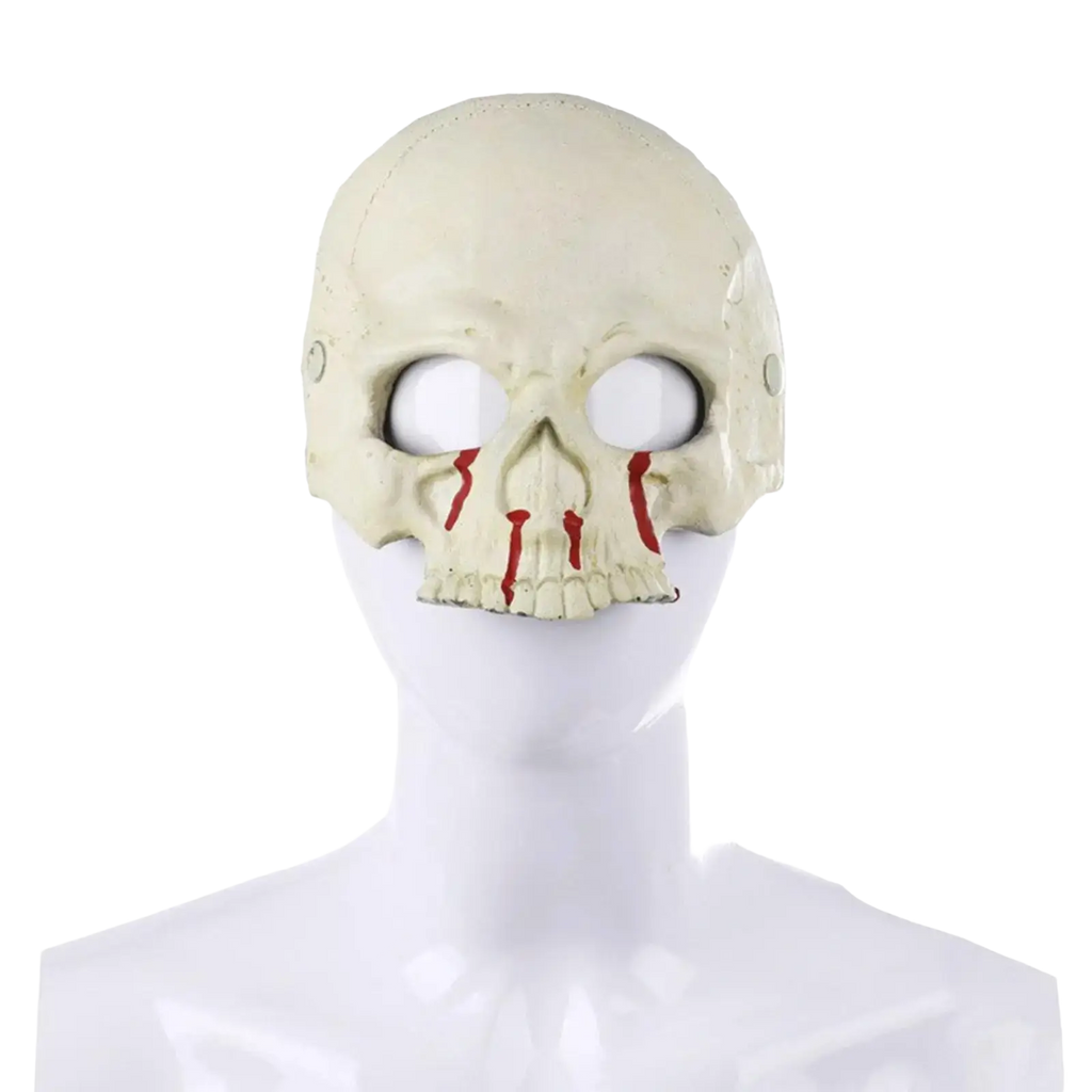 Beige halloween half face skull mask with red painted tear streaks displayed on white mannequin for costume use