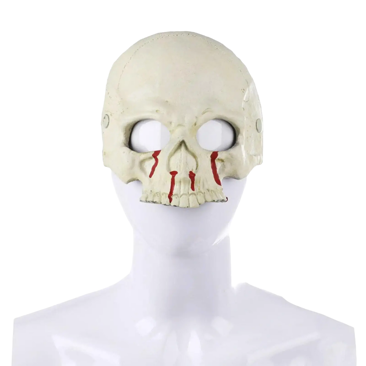 Beige halloween half face skull mask with red painted tear streaks displayed on white mannequin for costume use