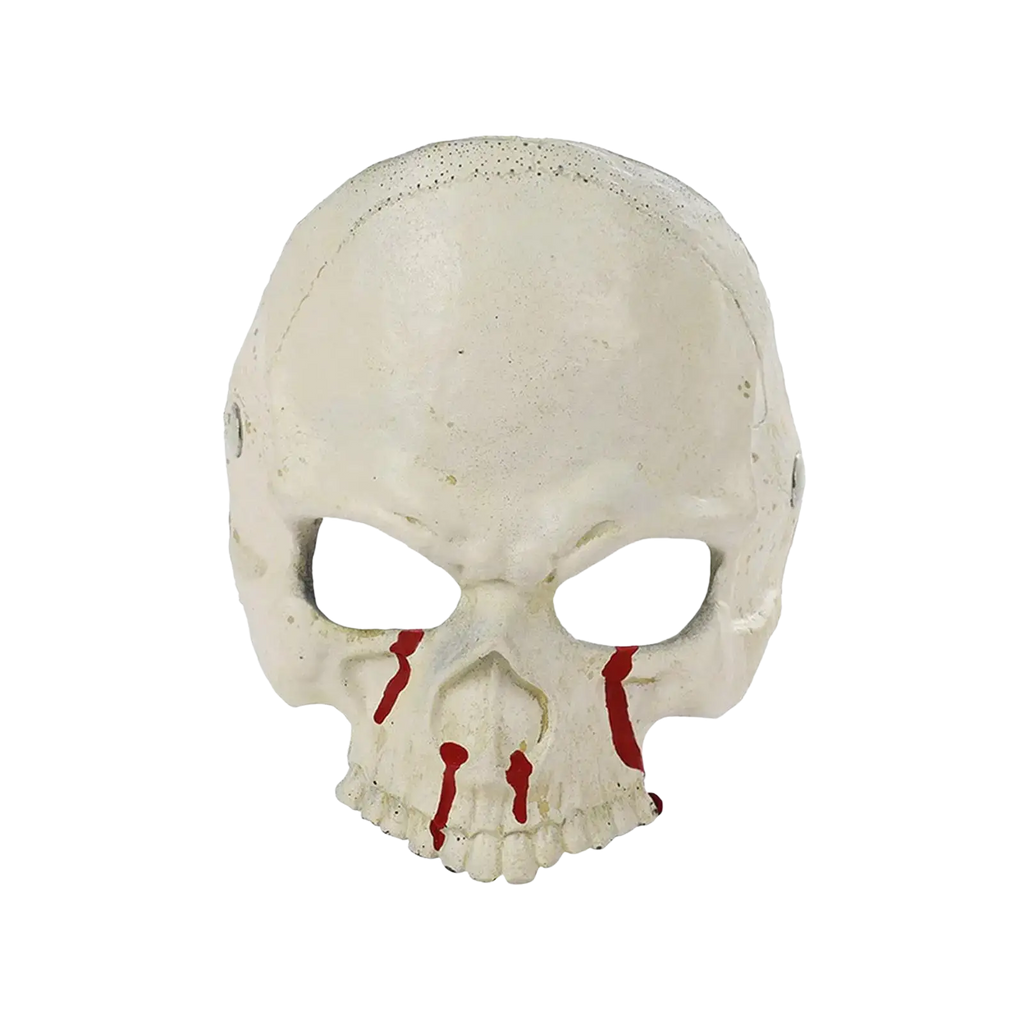 White plastic halloween mask with red tear-like streaks is a bloody skull half face mask costume prop